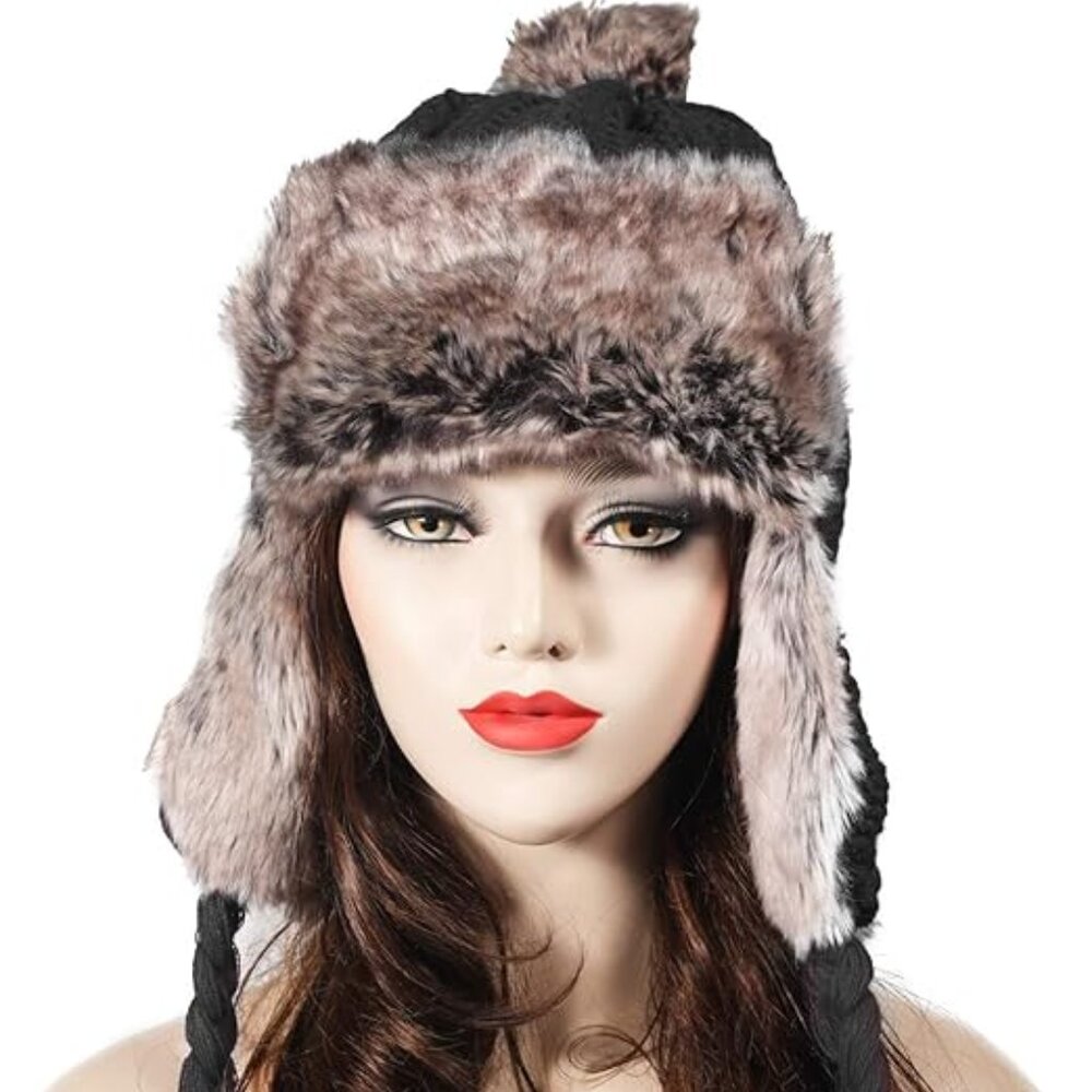 NEW Faux Fur Trim One Size Crocheted Sweater Cap Hat with Ear Flaps ZLYC